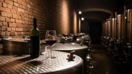 bottle of red wine and glass on the table in wine cellarの素材