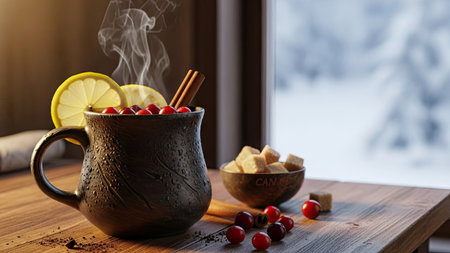 Cup of hot mulled wine with cinnamon sticks and lemon on wooden tableの素材