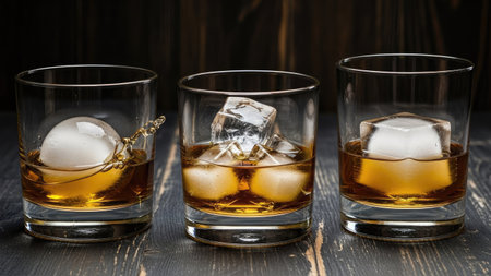 Two glasses of whiskey with ice cubes on dark wooden background, closeupの素材