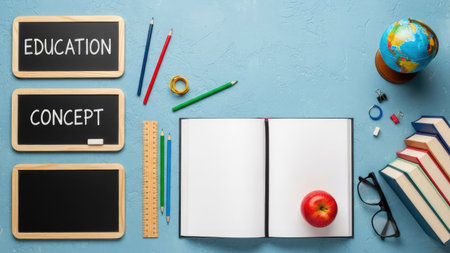 Education concept. Top view of school supplies on blue table background.の素材