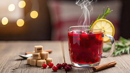 Mulled wine with cranberries and spices on a wooden tableの素材