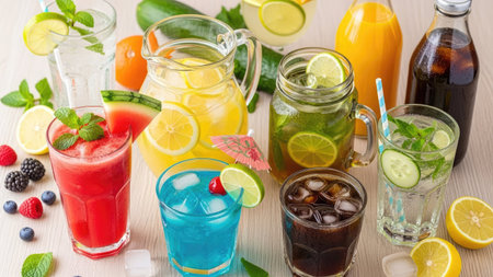 Variety of refreshing drinks including cola, lemonade, lemonade, mojito and otherの素材