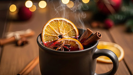 Mulled wine with spices and christmas tree on wooden backgroundの素材