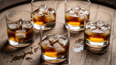 Three glasses of whiskey with ice cubes on a wooden table. Selective focus.の素材