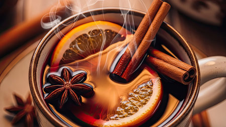 Cup of hot mulled wine with spices, close-upの素材