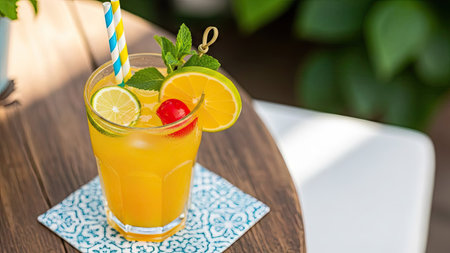 Orange juice with lime, cherry and mint on a wooden table.の素材