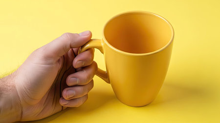 Man's hand holding a yellow cup of coffee on a yellow backgroundの素材