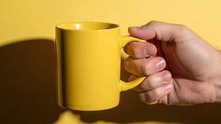 Female hand holding a yellow cup of coffee on a yellow background.の素材