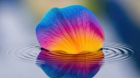 Colorful petals of a flower floating on the water surface.の素材