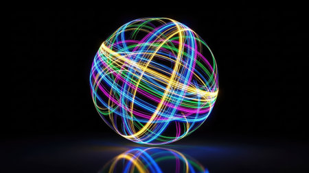 Glowing multicolored sphere on black background. 3D renderingの素材