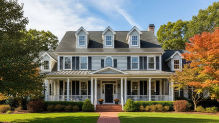Panorama of classic american house in fall colors with blue skyの素材