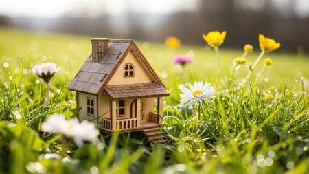 Miniature house on green grass with daisies in the backgroundの素材