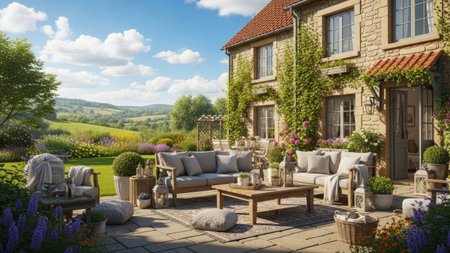 Cafe in the countryside on a sunny day. 3d renderingの素材