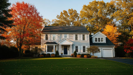 An image of a beautiful old house with fall foliage in the background.の素材