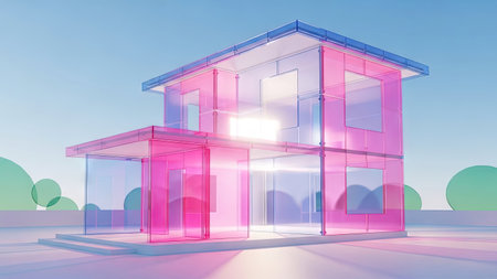 3D render of a modern house with pink and blue glass facadeの素材