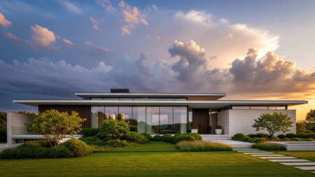 3d rendering of modern cozy house on the hill with garage and pool for sale or rent with beautiful landscaping on background. Clear summer evening with golden sunlight.の素材