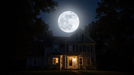 House with full moon at night. Real estate concept. 3D Renderingの素材