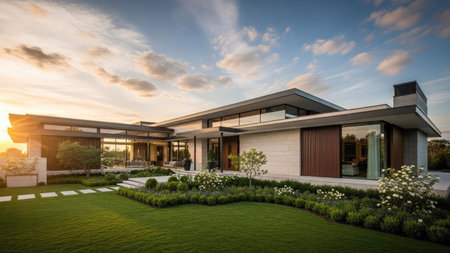 Exterior of modern house with beautiful landscaped garden at sunset.の素材