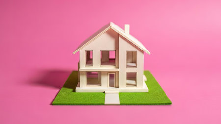 House model on a green grass on a pink background with copy spaceの素材