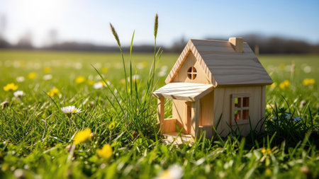 Small wooden house on green meadow with dandelions and daisiesの素材