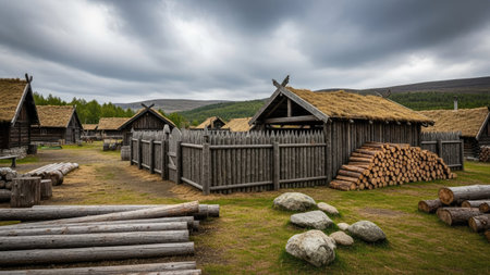 Wooden houses in the Scottish Highlands. The village is a UNESCO World Heritage Site.の素材