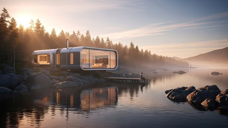 3d rendering of a caravan on a lake in the mountains.の素材
