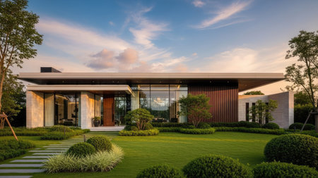 Exterior of modern house with garden and beautiful landscaped area.の素材