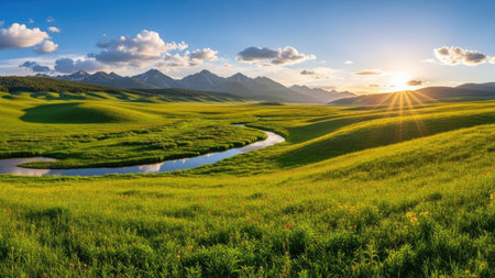 Beautiful summer landscape with meadow and river. Sunset in the mountains.の素材