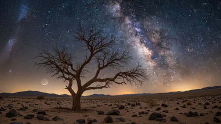 Milky way over dead tree in Namib desert, Namibiaの素材
