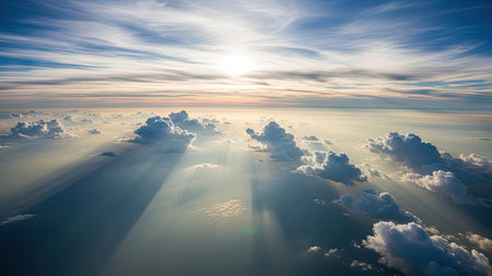 Aerial view of beautiful cloudscape with blue sky and sun rayの素材