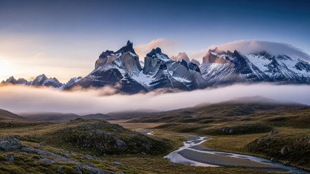 Mountain landscape at sunrise, Torres del Paine National Park, Chileの素材
