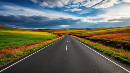 Asphalt road in blooming meadow under blue sky with cloudsの素材