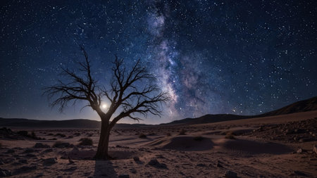 Silhouette of dead tree and milky way in the desertの素材