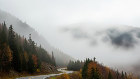Foggy mountain road in the Carpathian mountains, Ukraineの素材