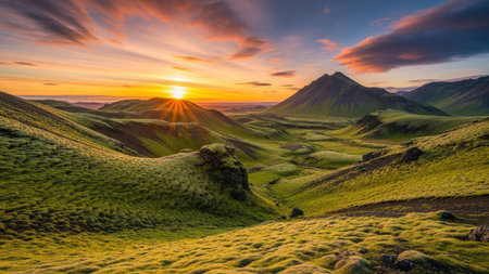 Landscape of Iceland, Europe. Beautiful summer sunrise over the green hills.の素材