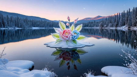 Winter landscape with a frozen lake in the mountains and flowers in the foregroundの素材