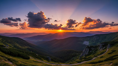 Beautiful sunset in the mountains landscape. Carpathian, Ukraine, Europe.の素材