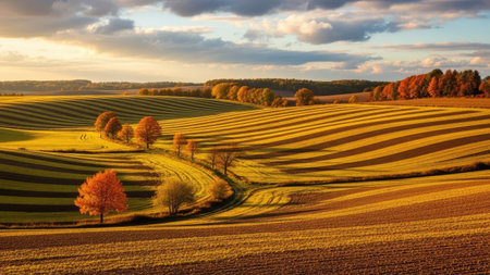 Autumn landscape with fields and trees at sunset. Czech Republic.の素材