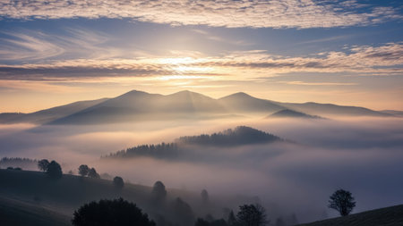 Foggy morning in the Carpathian mountains. Ukraine, Europe.の素材