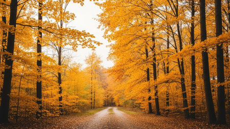 Autumn forest landscape with road and yellow trees. Beautiful nature scene.の素材