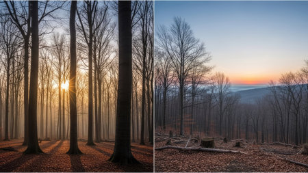 Sunset in the beech forest in winter. Panoramic view.の素材