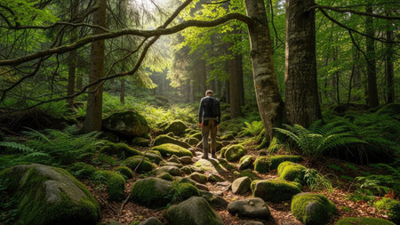 Hiking man in the forest in the morning. Hiking conceptの素材