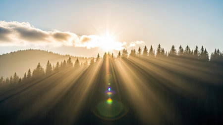 Aerial view of sunset in the mountains. Beautiful nature landscape.の素材