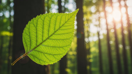 Green leaf in the forest with sun rays. Shallow depth of field.の素材