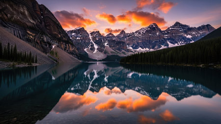 Lake Louise at sunset, Banff National Park, Alberta, Canadaの素材