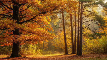 Autumn forest in the morning. Autumn landscape with colorful trees.の素材