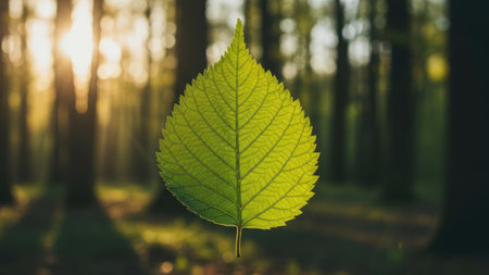Green leaf in the forest at sunset. Natural background with copy space.の素材
