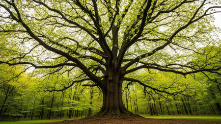 Old oak tree in the green forest. Springtime nature background.の素材