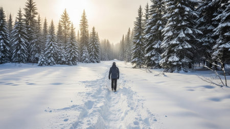 A man walks through the snow-covered forest in the winter.の素材