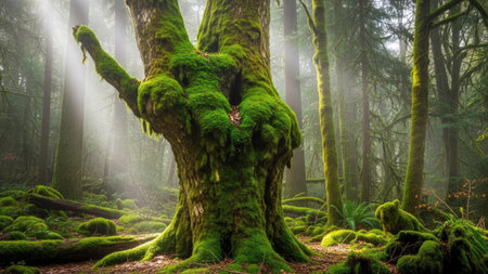 Mossy old tree in a misty forest. Panoramaの素材